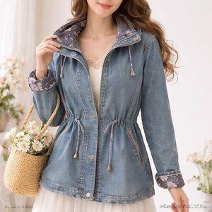 Wen Ni M Blue Denim Utility Anorak Jacket Floral Lined